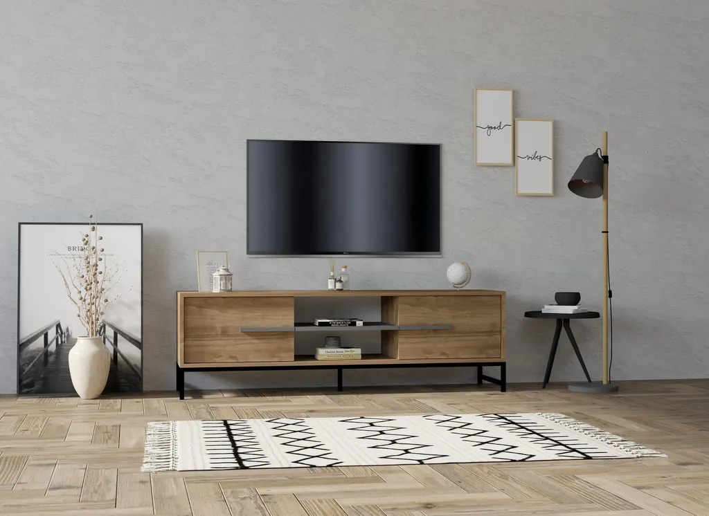 Banc TV Mono Walnut en Bois de Noyer, Grand Meuble de Salon 160 cm Chic
