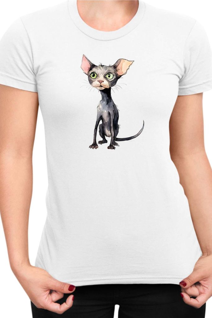 Damen T-Shirt Funny Cats Breeds Bambino Cat 011, Lady L / Weiß