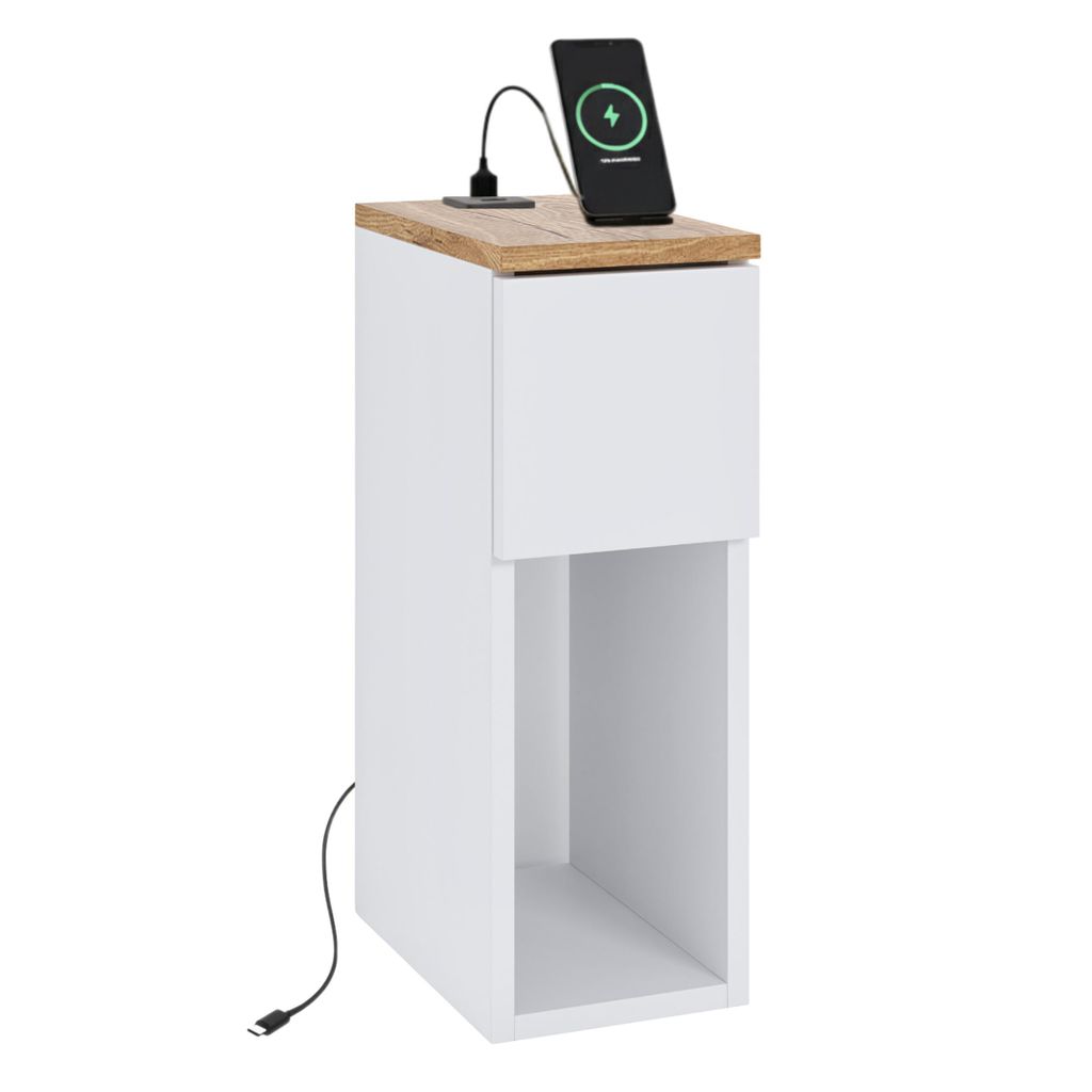 Nachttisch Beistelltisch schmal - Weiß matt - mit USB USB C Ladeanschluss - Torro Platte