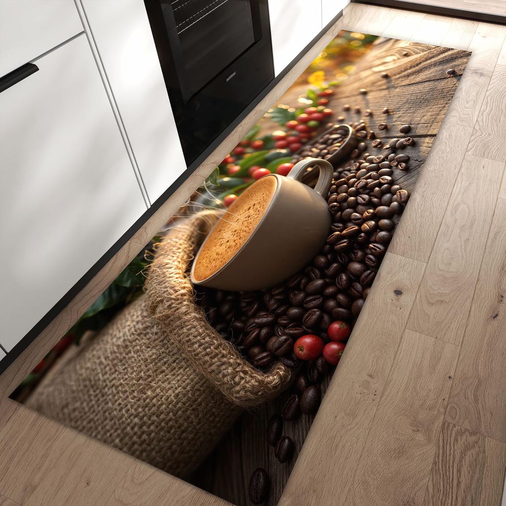 Küchenteppich 80x250cm rutschfest & abwischbar PVC Läufer - Kaffeeerntemorgen