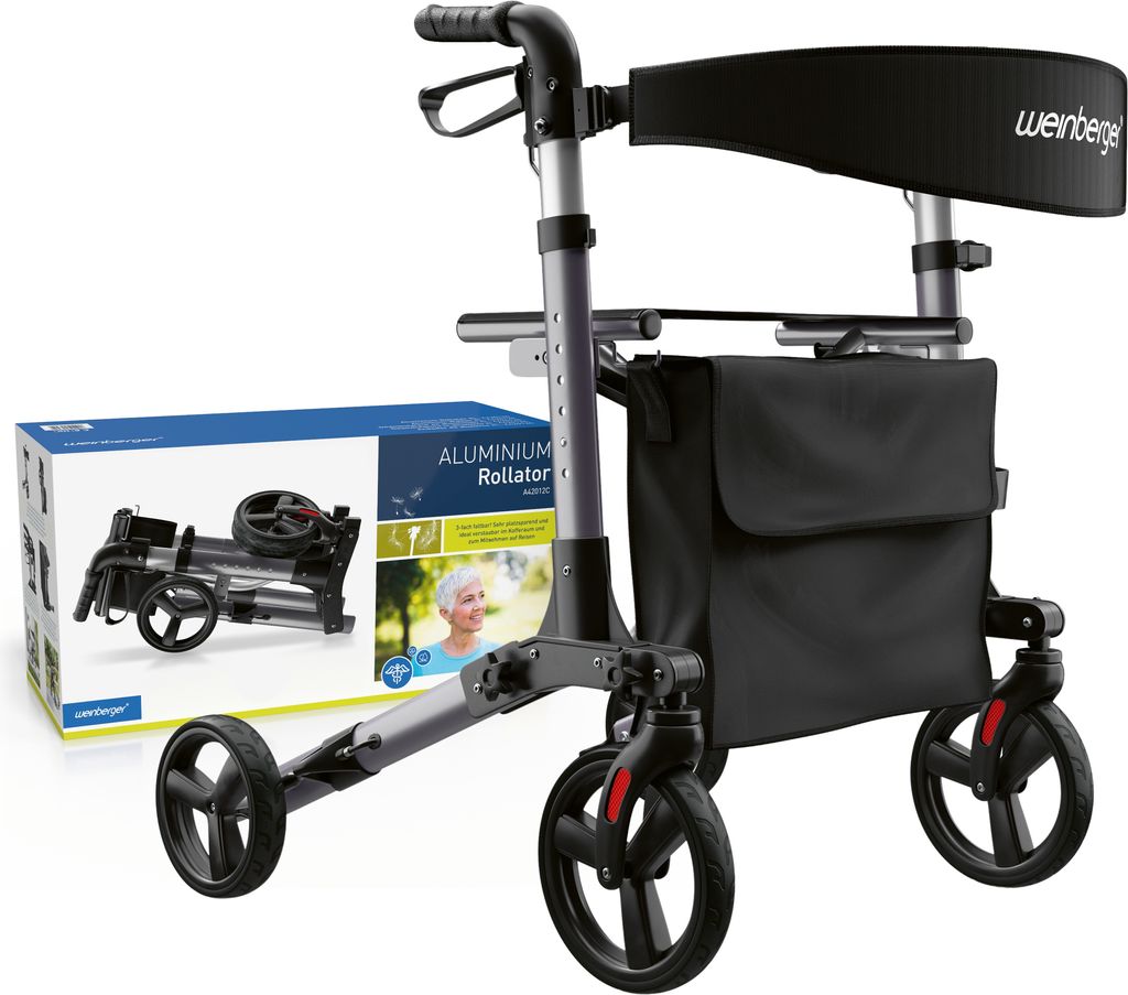 Weinberger Alu Rollator, leicht und kompakt 3-fach klappbar, Indoor & Outdoor, Gehhilfe, Gehwagen, Senioren, Walker, Gewicht 7,3 kg, Medizinprodukt