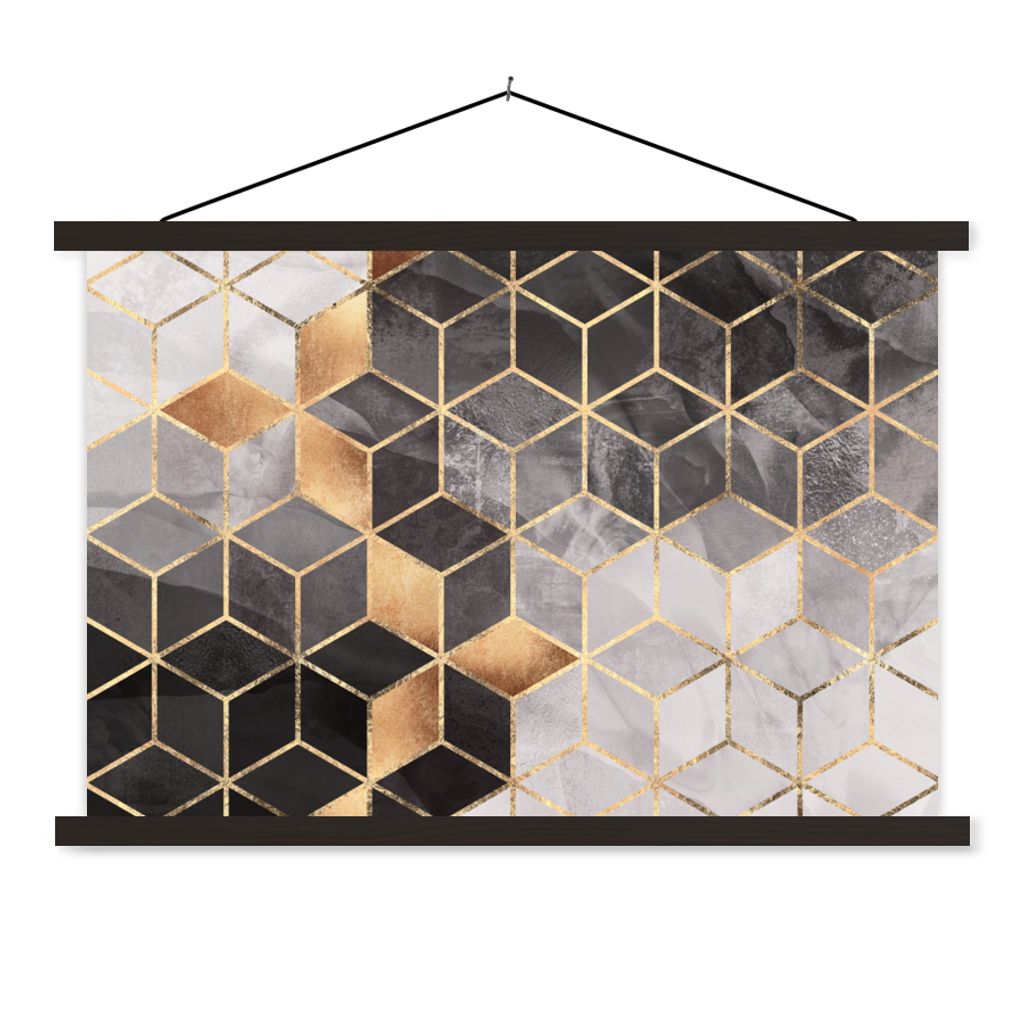 MuchoWow Textilposter Abstrakt - Würfel - Gold - Muster - Schwarz - Weiß 150x100 cm mit schwarzem Rahmen - Schlafzimmer
