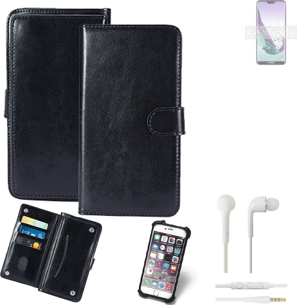 K-S-Trade 360° Hülle kompatibel mit Doogee N10 inkl. Headphones schwarz Kunstleder Case BookCase WalletCase Kunstlederederhülle Handyhülle,
