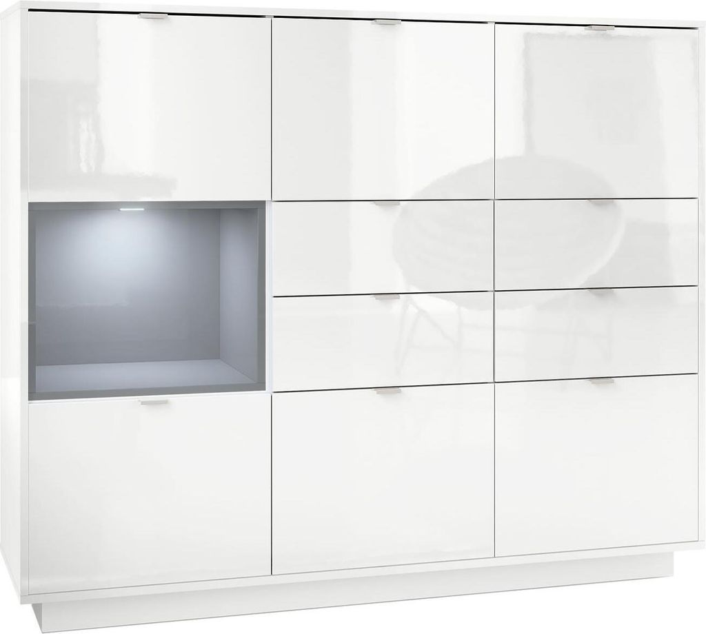 Vladon Highboard Sideboard Metro V2, Germany, Korpus in Weiß Hochglanz / Fronten in Weiß Hochglanz mit Einsatz in Grau Hochglanz, inkl. LED Beleu...