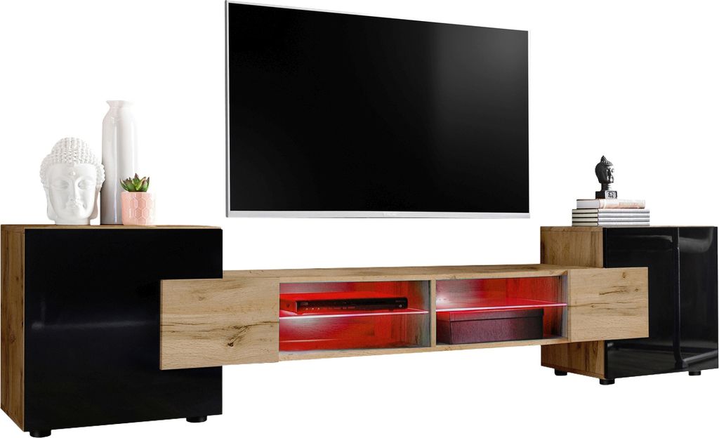 Komodee | TV-Schrank mit 2 Türen Merano | Korpus Wotan Matt Frontfarbe Schwarz und Wotan , LED RGB