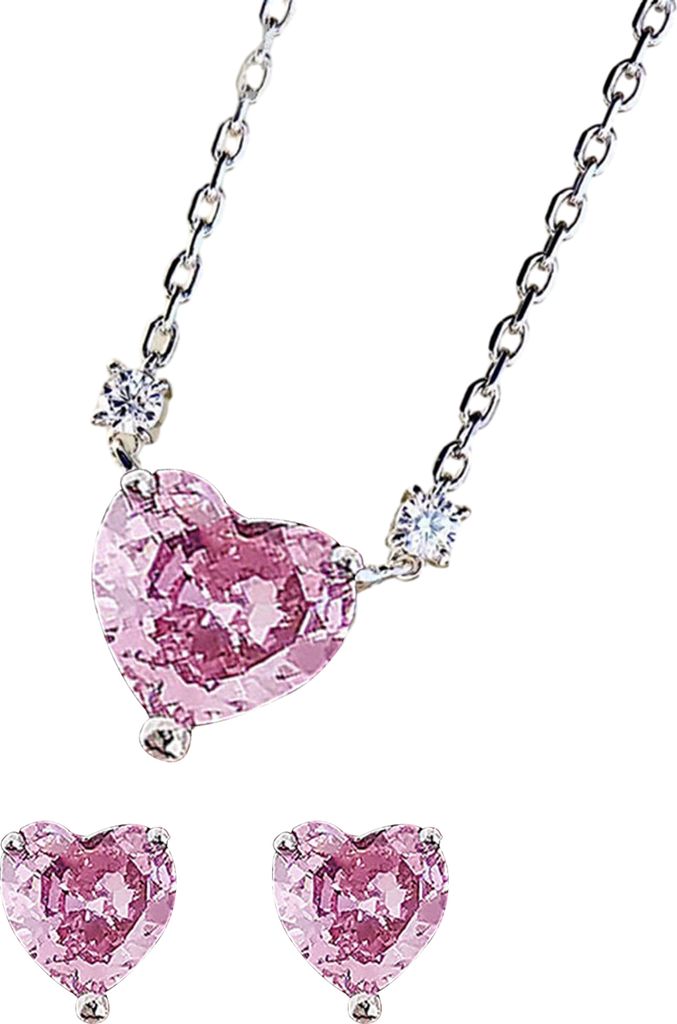 Frauen Ohrring Halskette Set Rosa Strass Herz Form Anhänger Edelstahl Ohr Hals Dekoration Schmuck Prom Hochzeit Party Schmuck Set