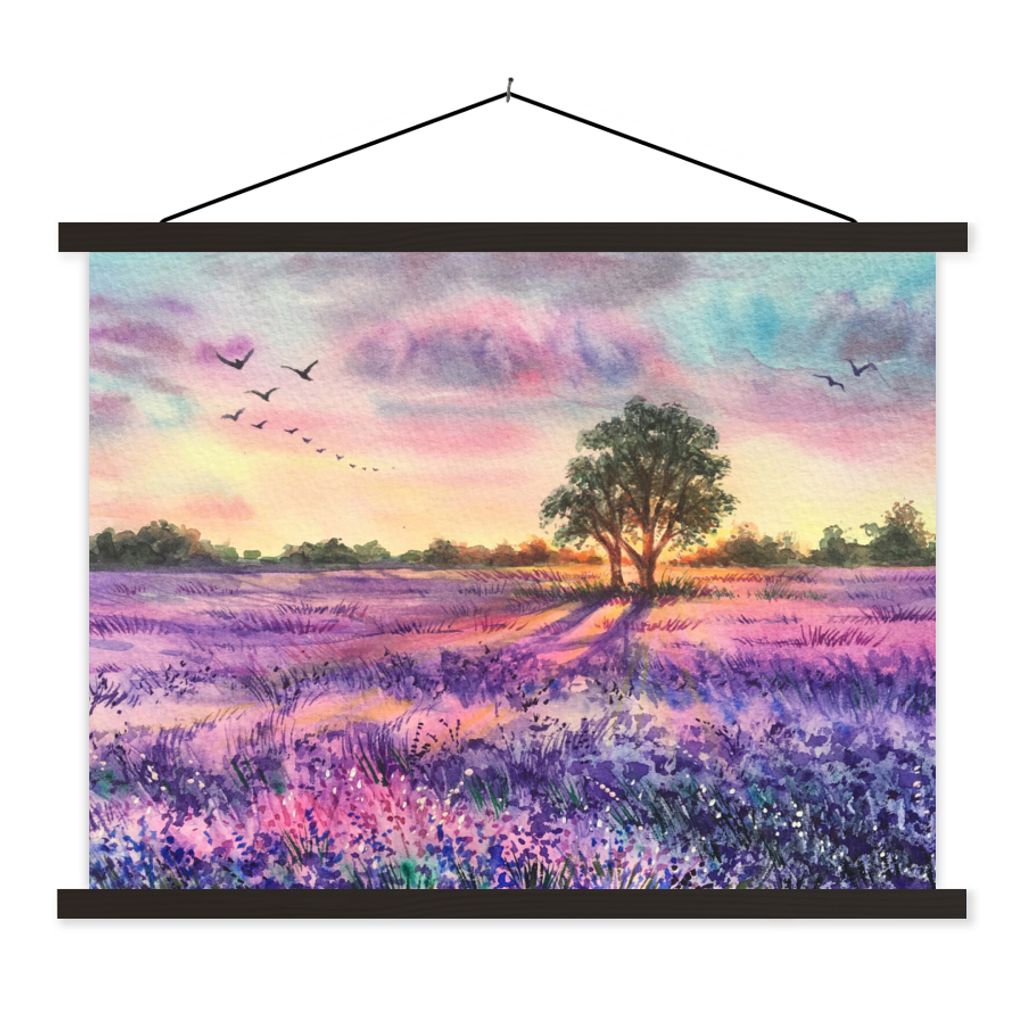 MuchoWow Textilposter Lavendel - Farbe - Vögel - Bäume - Lila 120x90 cm mit schwarzem Rahmen - Aufhänger für Poster