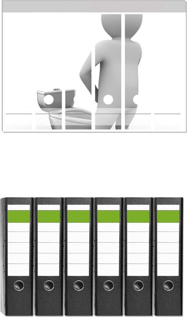 Wallario 6 Stück breite Ordner inkl. Klebeetiketten mit Motive Pinkelndes Computer-Männchen und künstliche Toilette - Set mit Rückenschildern ...