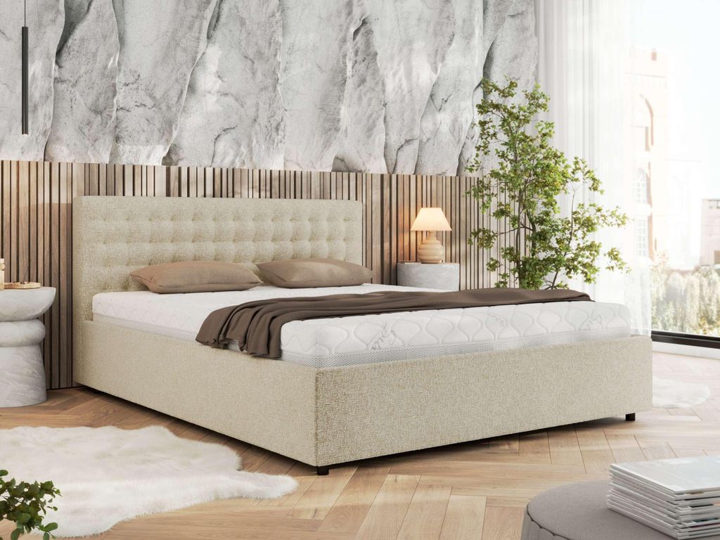 MKS MEBLE Polsterbett Doppelbett PAVO CLASSIC Bett mit Stauraum Gasdruck-Mechanismus Stauraumbett Multipocket Matratze ELORI LUX 140x200 Creme Stru...