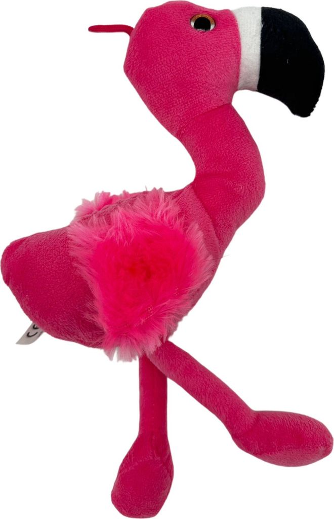 A pink plush flamingo toy is shown against a white background.