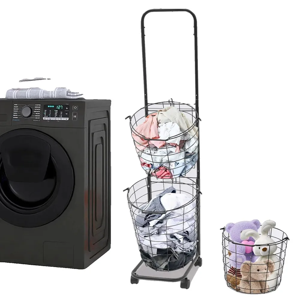 Organisateur pour panier à linge noir à 3 niveaux avec roulettes 45L