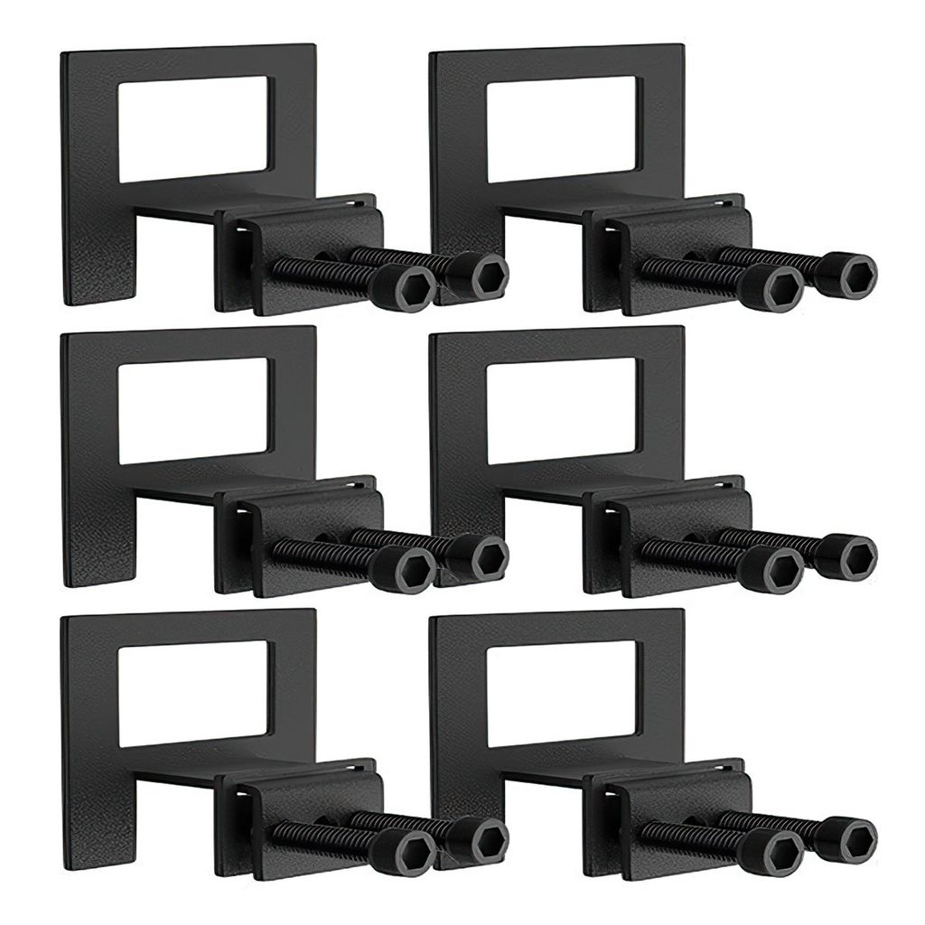 A set of six black metal mattress holders with screws, arranged in a grid on a white background.