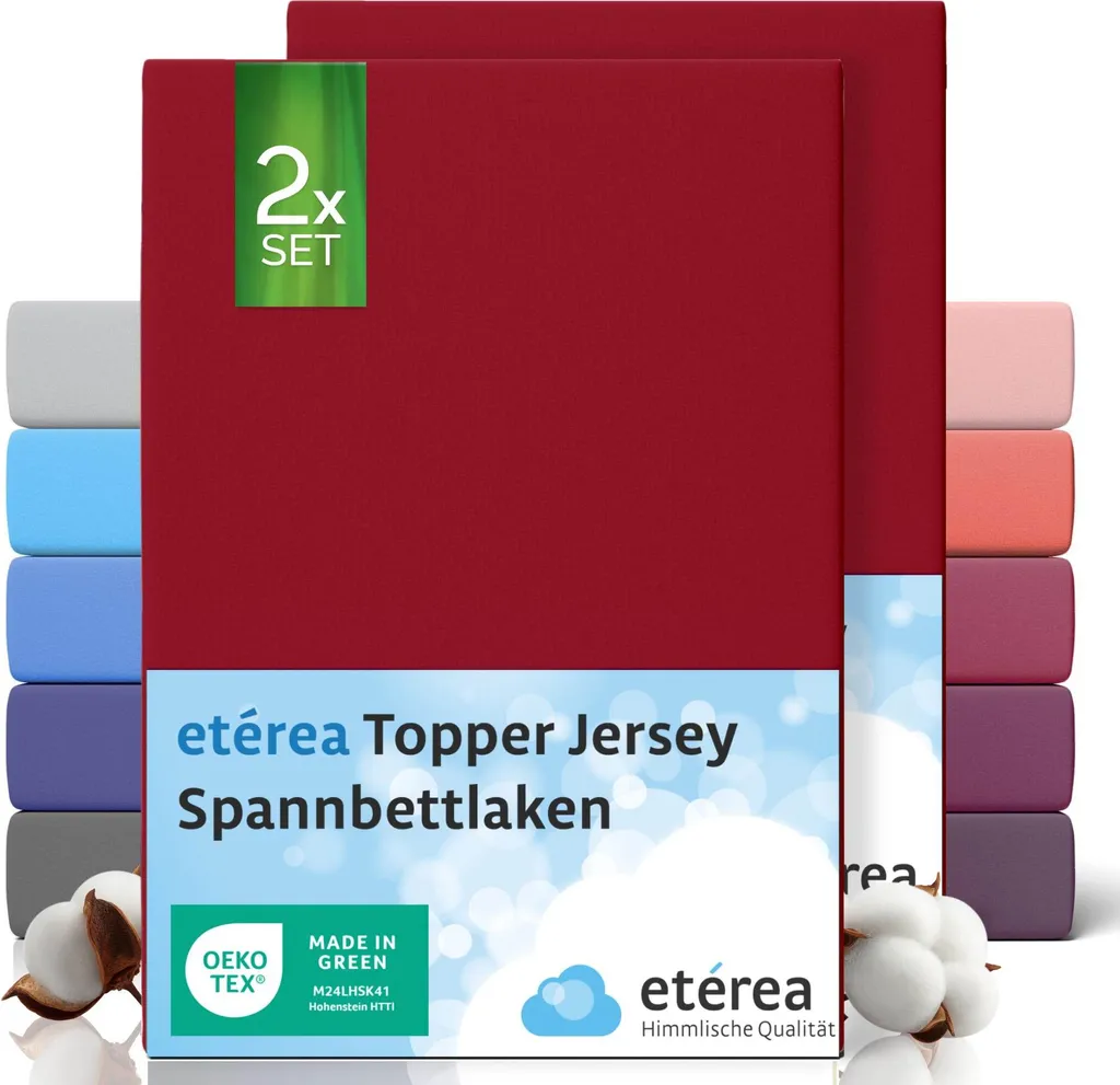 etérea Set 2 Pezzi Lenzuola Jersey Topper 200x200 Ciliegia No-Stiro