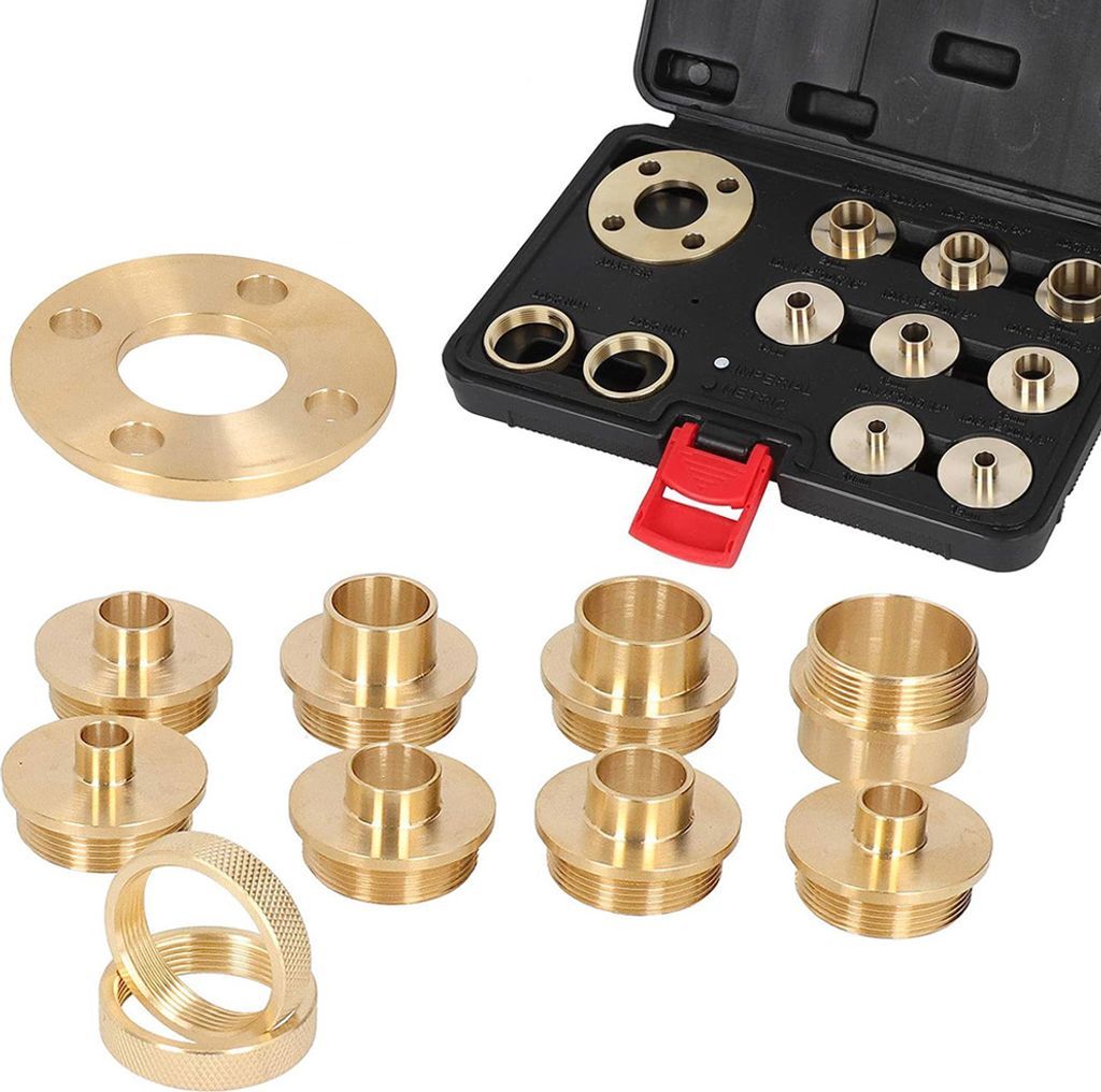 A set of brass router template bushing guides and a flange are laid out on a white background. Some of the guides are inside a black carrying case.