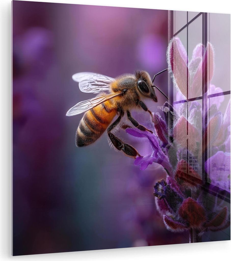 MuchoWow Glasbilder - Bilder auf Wandbild - Foto auf Glas Honigbiene - Lila Blumen - Details 50x50 cm Wanddekoration aus Glas - Acrylglasbild - Acr...