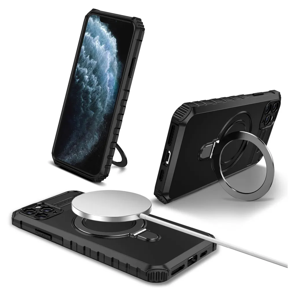 Custodia per iPhone 11 Pro Max magnetica con MagSafe, supporto ad anello, supporto, custodia protettiva a doppio strato nera