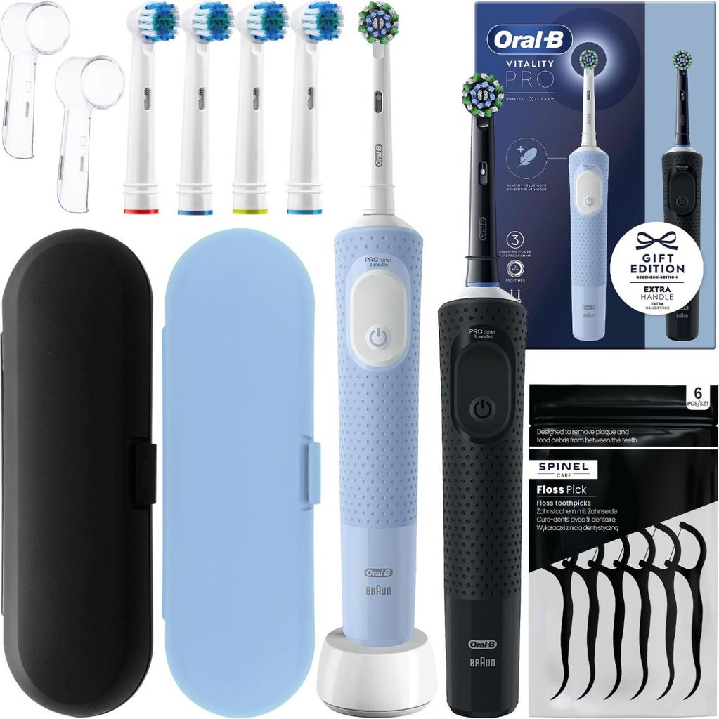 Oral-B Vitality Pro D103 Duo Schwarz / Blau Elektrische Zahnbürste + 4 Präzisions-Ersatzteile + 2x Etui + 2x Kappen
