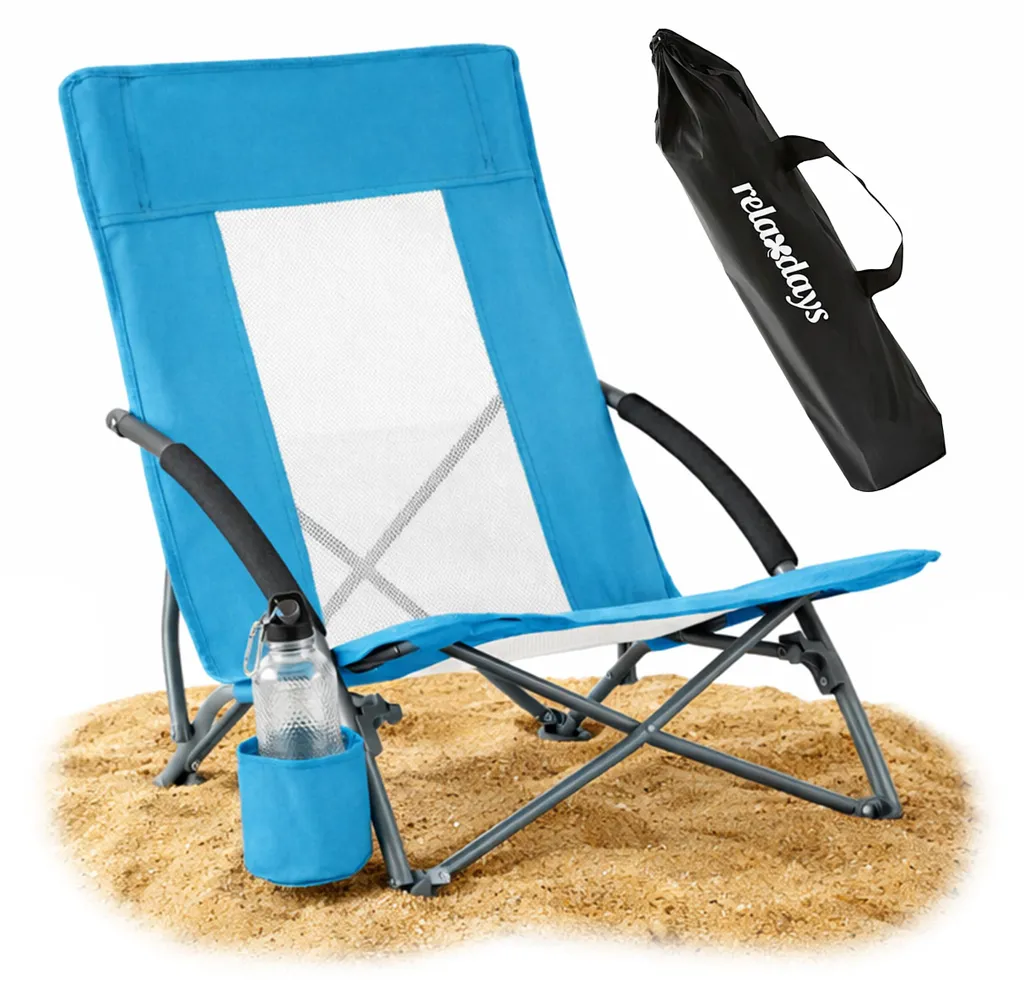 Chaise de plage pliable Relaxdays bleue avec porte-gobelet intégré