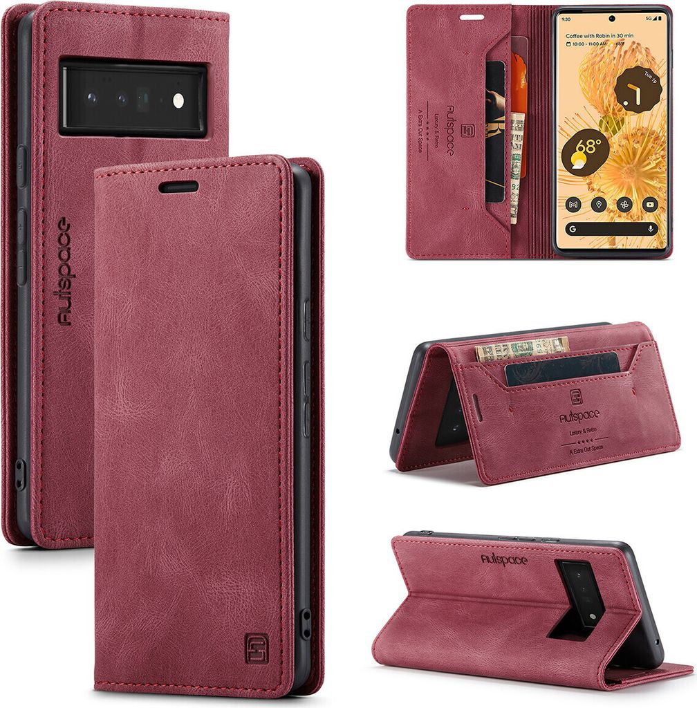 Google Pixel 6 Pro Brieftasche Hülle, Retro Kunstledertasche Stand Schutzhülle für Google Pixel 6 Pro Rot