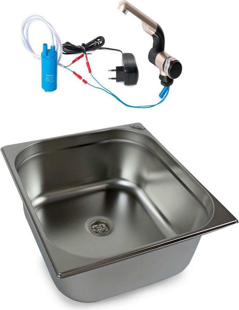 230V Edelstahl Spülbecken 354x325x150 mm Camping Waschbecken + Wasserhahn Pumpe