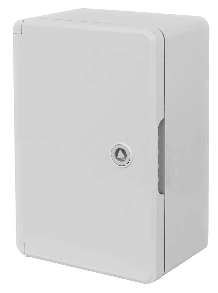 A white electrical enclosure with a lock mechanism on the door.