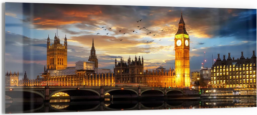 DEQORI Glasbild Echtglas 125x50 cm 'Londoner Abendkulisse' Wandbild Bild modern Deko
