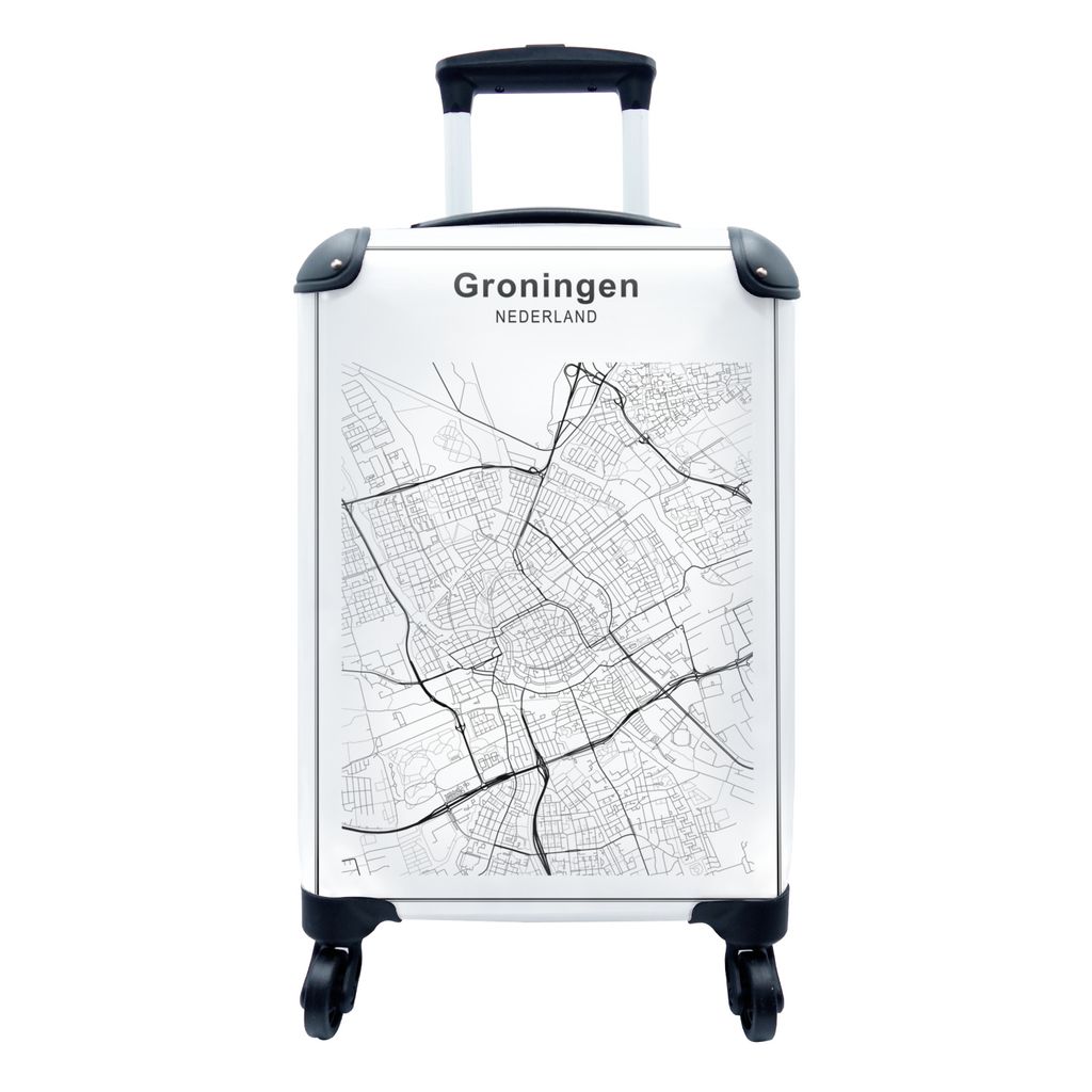 MuchoWow Koffer Handgepäck Trolley Rollkoffer Kleine Reisekoffer mit 4 Rollen - Stadtplan - Schwarz und weiß - Groningen - Cabin Size < 55x40x2...