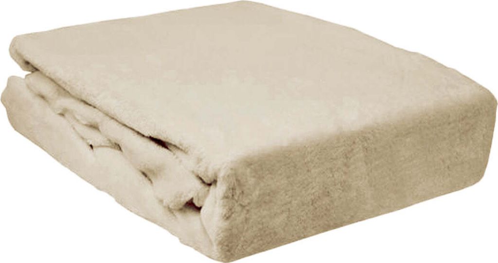 A folded cream-colored blanket is shown on a white background.
