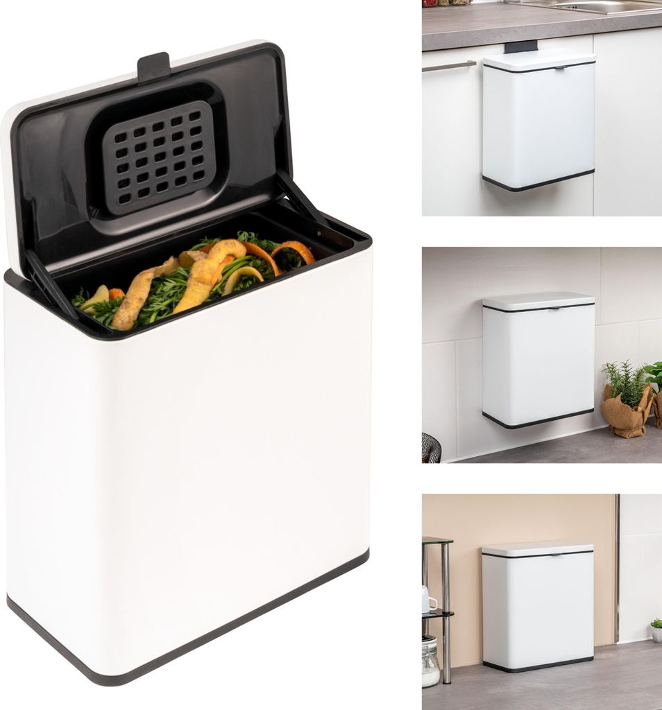 eluno Biomülleimer 6L mit Geruchsfilter, zum Hängen, Stellen oder Kleben, Komposteimer, 3 Montagearten, matt weiß