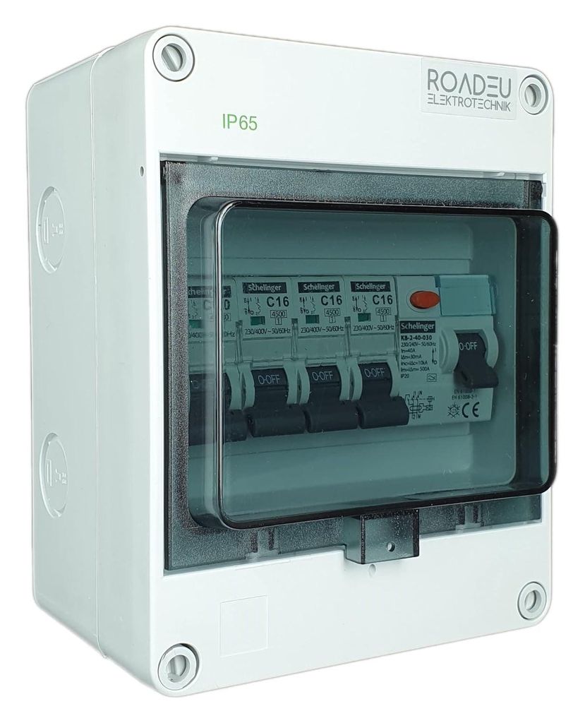 RoadEu - Leitungsschutzschalter - Komplett mit Fi Schutzschalter 40A 2P - 16A Sicherungsautomat und 10A C 3+1 in einem Aufputz Verteilerkasten