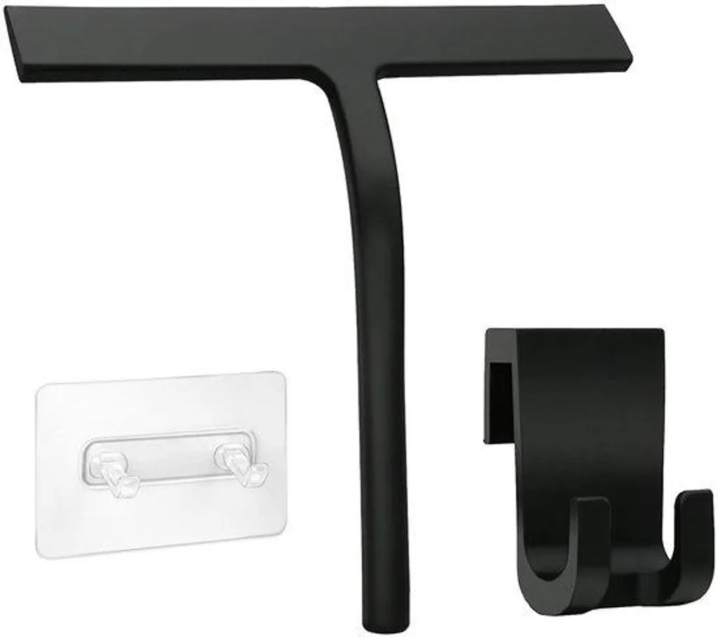 Raclette de douche anti-calcaire noire en silicone avec support mural