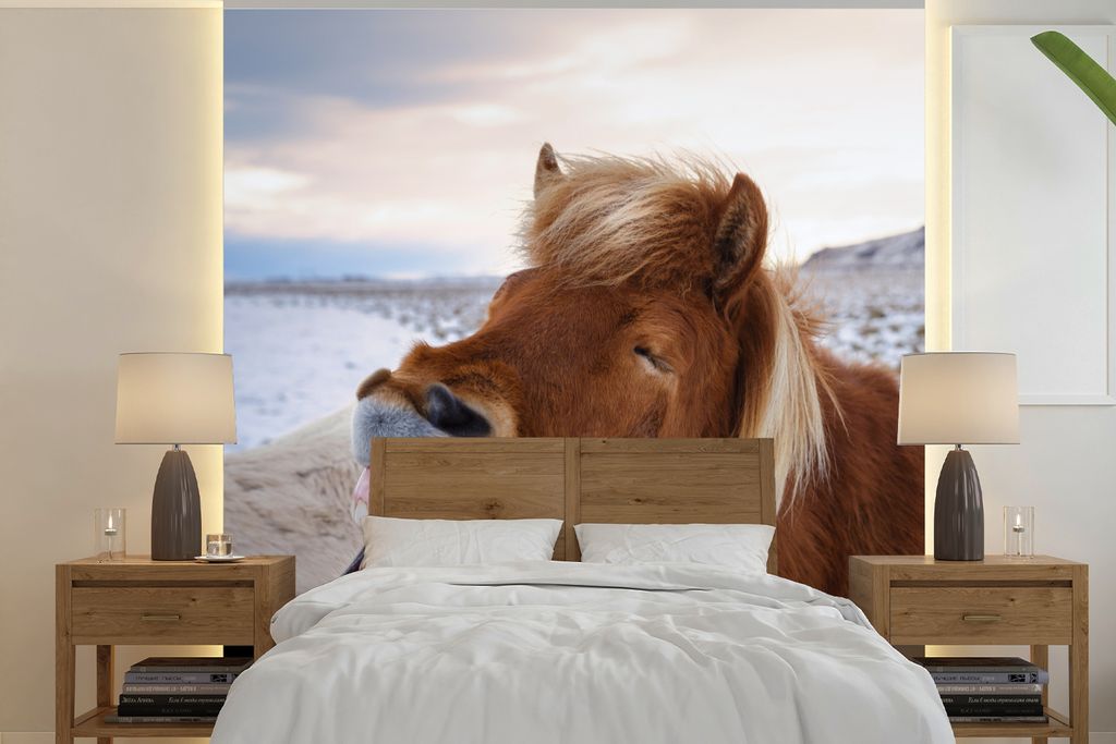 MuchoWow Fototapete für Wohnzimmer oder Schlafzimmer Wandtapete Vinyl Motivtapete Pferd - Strand - Braun - 240x240 cm - Schlafzimmer-Tapete