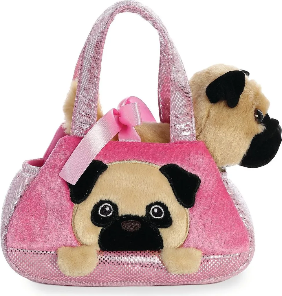Petit chien en peluche carlin avec sac à main - Jouet doudou pour enfant