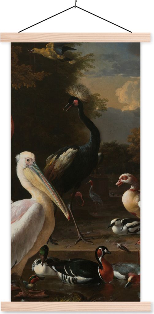 MuchoWow Textilposter Ein Pelikan und andere Vögel in der Nähe eines Wasserbeckens - Gemälde von Melchior d'Hondecoeter 60x120 cm mit holzfarb...