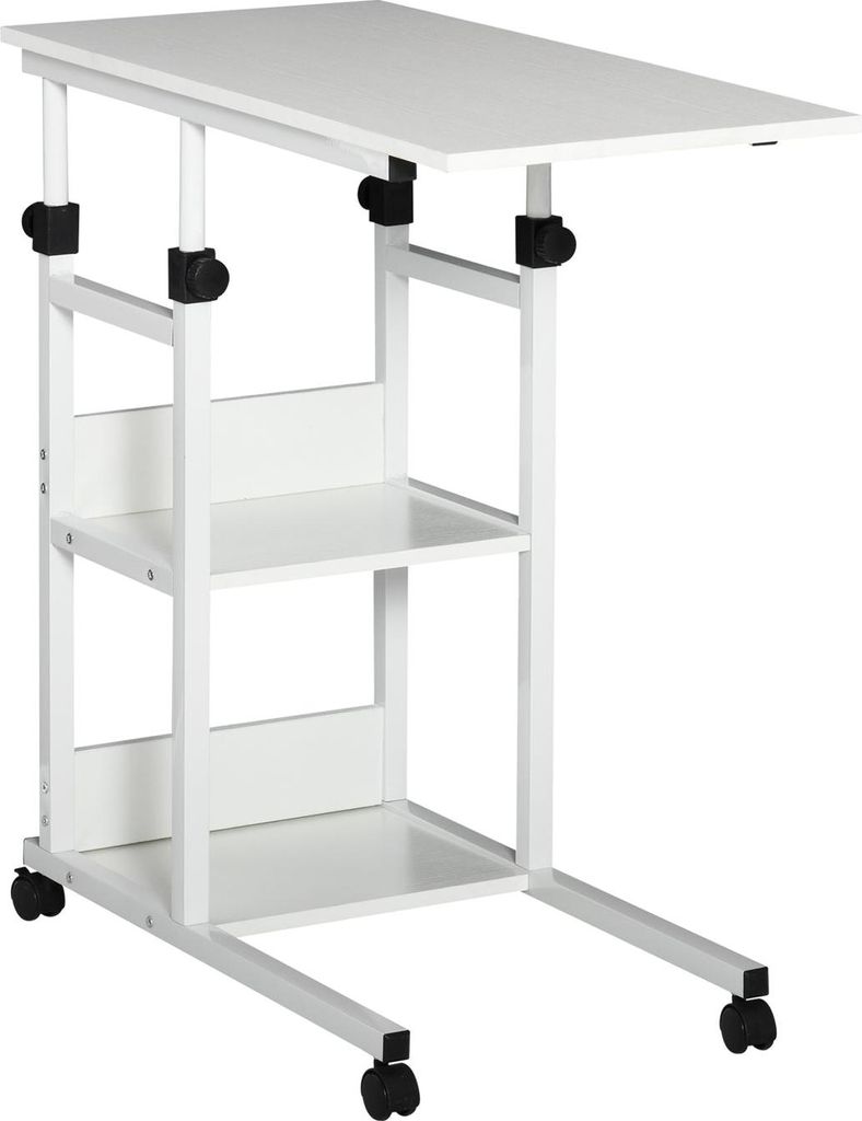 Beistelltisch Mit Rollen Höhenverstellbarer Couchtisch, 2 Regale, E1 Spanplatte, Weiß, 80X40X72-82 Cm