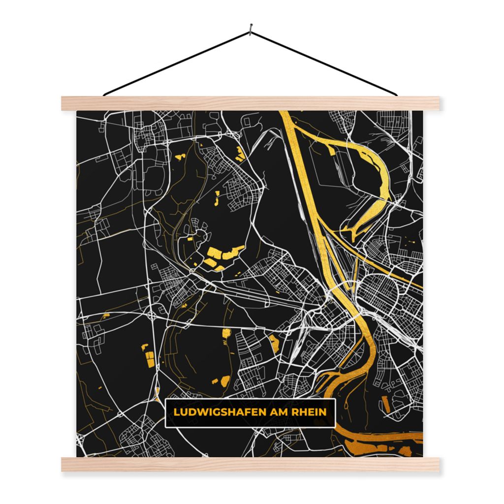 MuchoWow Textilposter Ludwigshafen Am Rhein - Gold - Karte - Stadtplan - Deutschland 60x60 cm mit holzfarbenen Rahmen - Wanddekoration