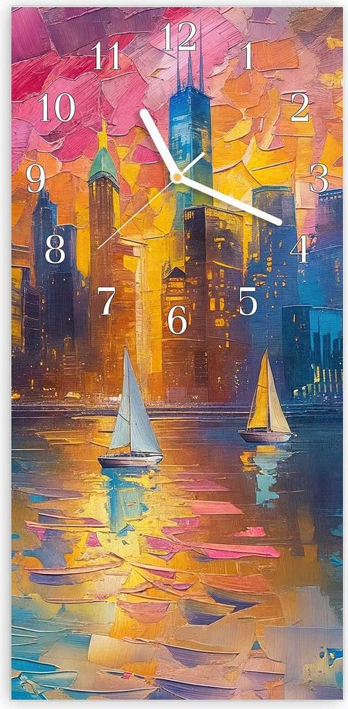 Wanduhr aus Glas mit Motiv Hafenstadt Bei Nacht- 30 x 60 cm - inkl. Aufhängesystem
