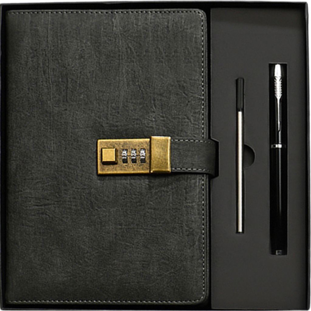A black notebook with a gold combination lock and a pen are displayed in a black box.