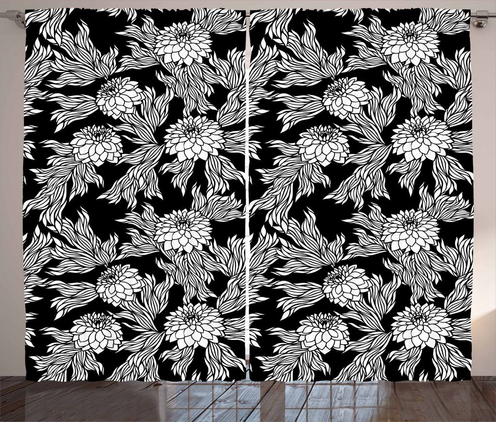 ABAKUHAUS Aster Rustikaler Gardine, Frühlings-Blüte von Land, Schlafzimmer Kräuselband Vorhang mit Schlaufen und Haken, 280 x 245 cm, Schwarz un...