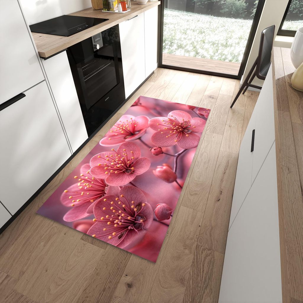 Küchenteppich 90x180cm rutschfest & abwischbar PVC Läufer - Kirschbaumblüten
