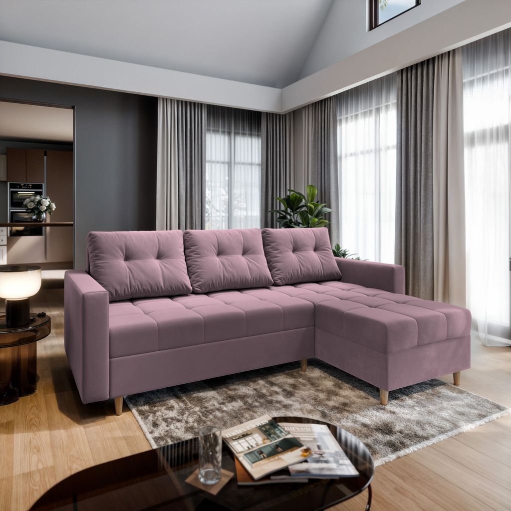 Masseno Ecksofa MILO L mit Schlaffunktion L-Form, Sofa mit Bettkasten, Wohnzimmersofa, Couch, Soffa, Bettsofa, Couchgarnitur- Rosa, KRONOS 27