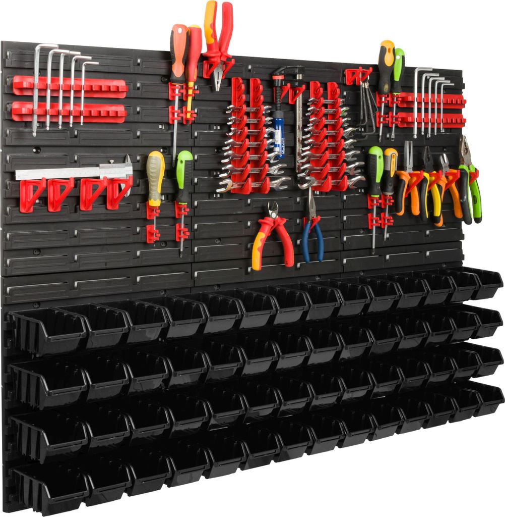 Lagersystem Werkstattregal | 117 x 78 cm | 56 stck. Box | Wandregal mit Werkzeughalterungen und Stapelboxen - Wandplatten Extra Starke Schüttenreg...