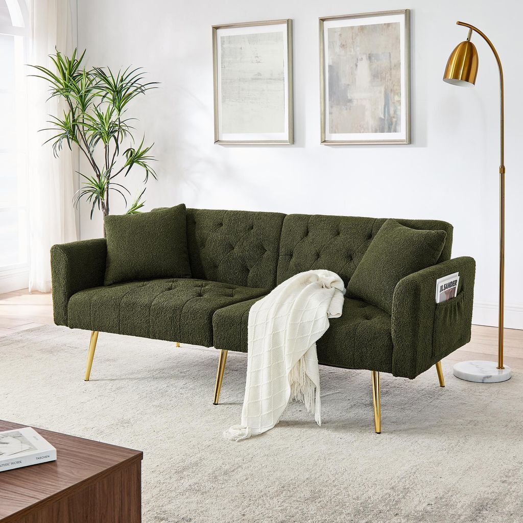 MODFU Teddyfell-Bouclé-Zweiersofa,3-stufige verstellbare Rückenlehne,Schlafsofa mit 2 beigelegte Kissen,Relaxsofa,stabile Metallbeine,weich und k...