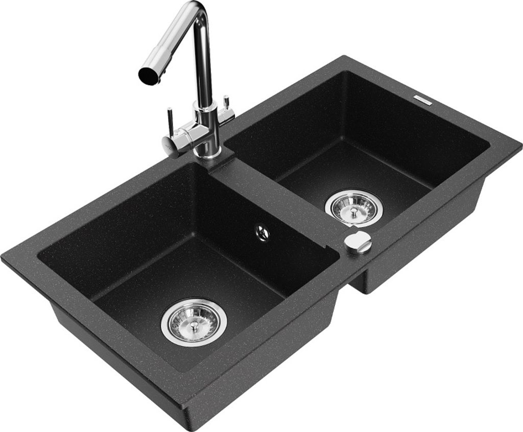 Mexen Mario 2-Becken-Granitspüle mit Mischbatterie Duero, Schwarz/Silbermetallic - 6504-73-671600-00