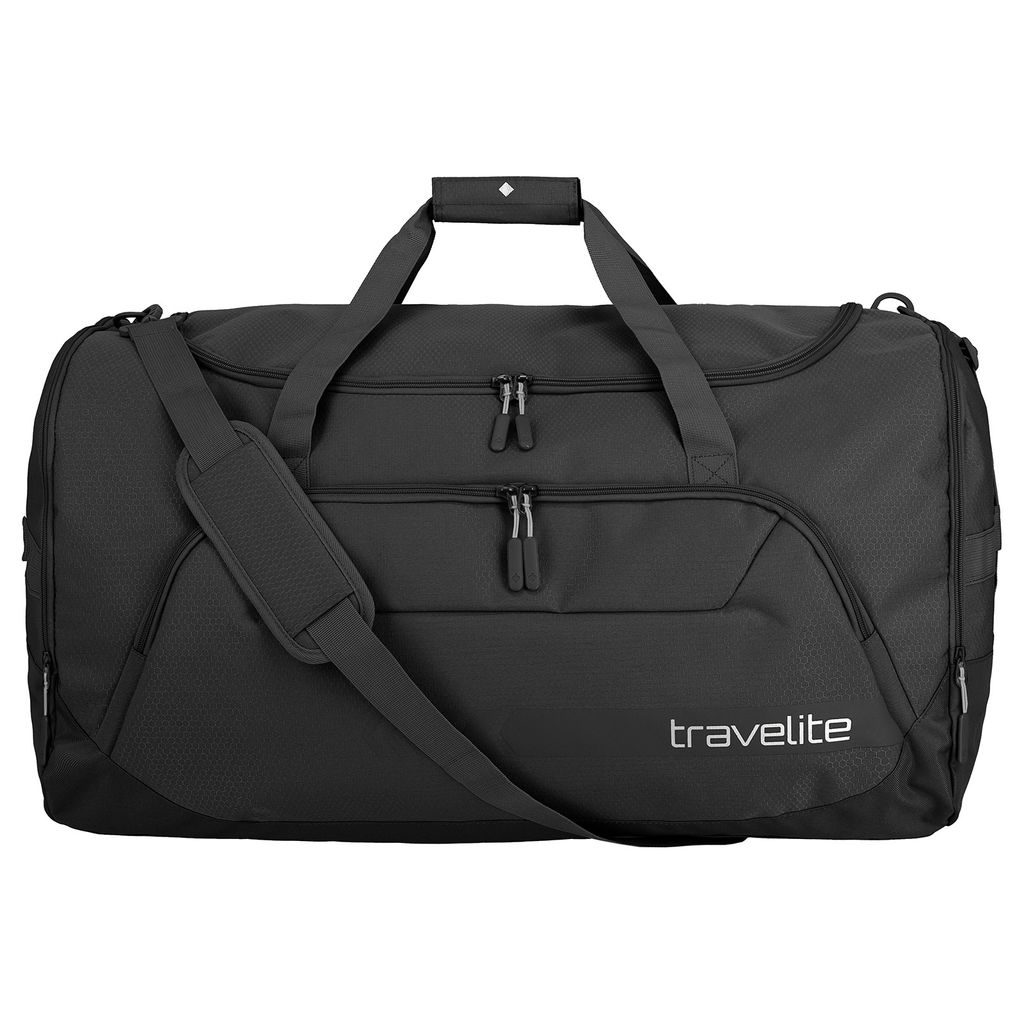 A black duffel bag is shown against a white background.