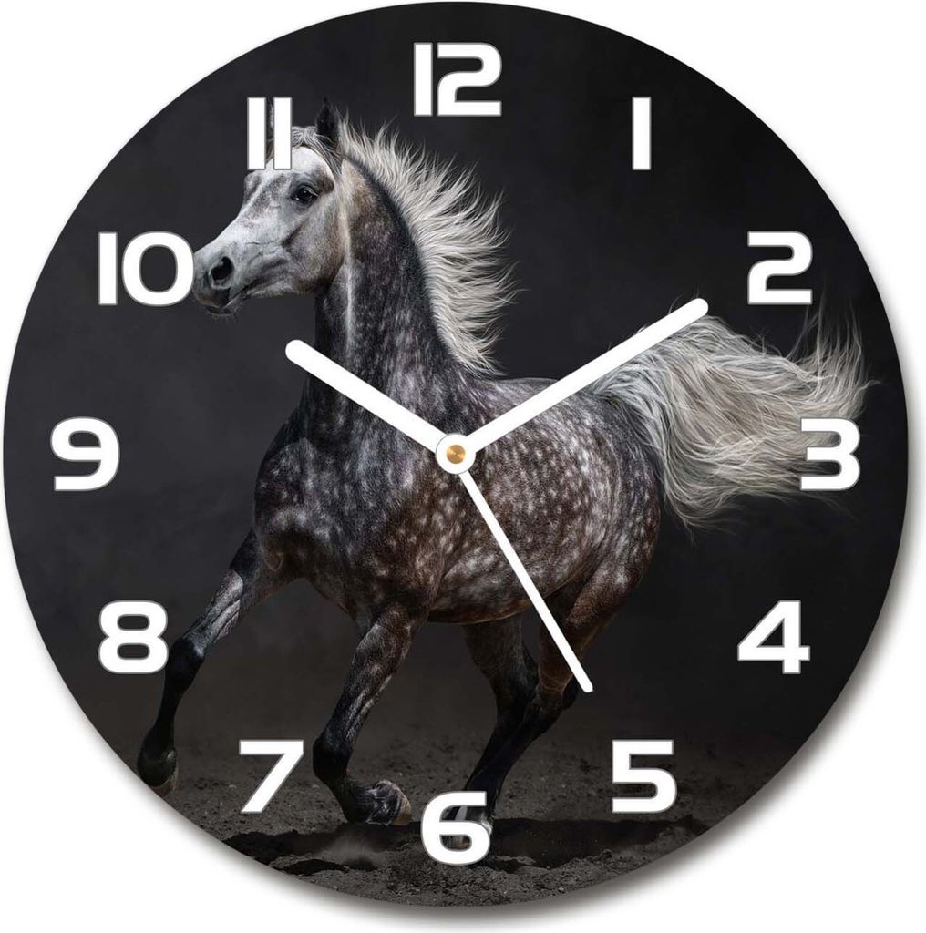 Wanduhr aus Glas 30fi Glasbild Glasuhr Gehärtetes Glas - weisse-zeiger - Gray arabian horse