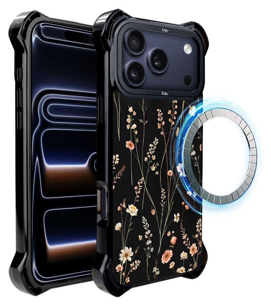 Schutzhülle für das iPhone 17 Pro, MagSafe-kompatibel, verstärkte Ecken, schwarz, kleine Blüten auf schwarzem Hintergrund