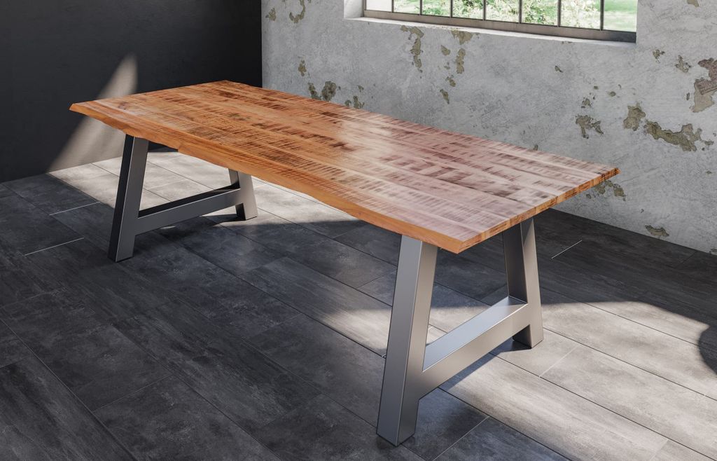 Esstisch Dora 240 x 100 cm, Mangoholz massiv, lackiert & naturfarben, Baumkantentisch mit A-Metallgestell in Silber, echte Baumkante, 26 mm