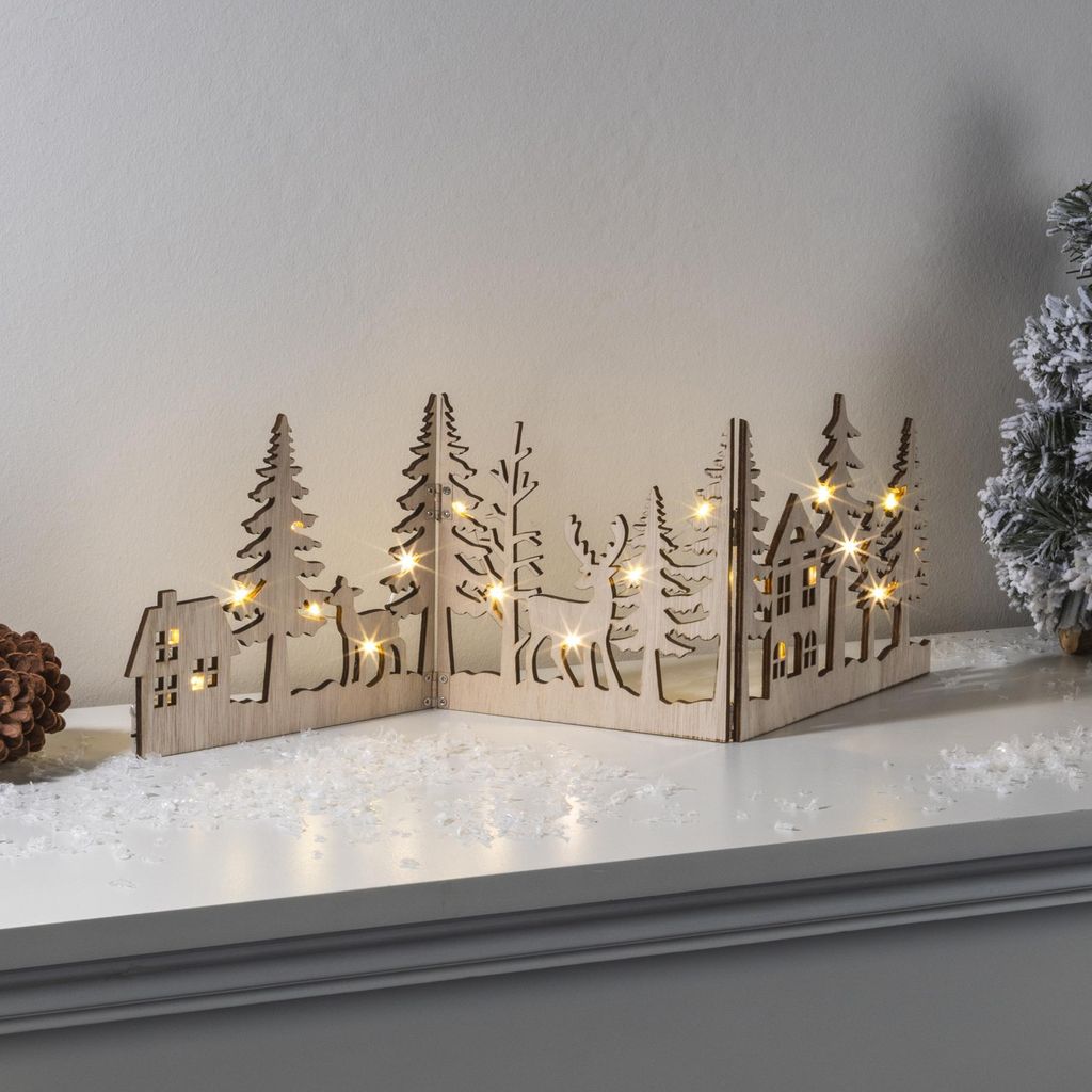 Winterpanorama aus Holz, faltbar 20 warm weiße LEDs