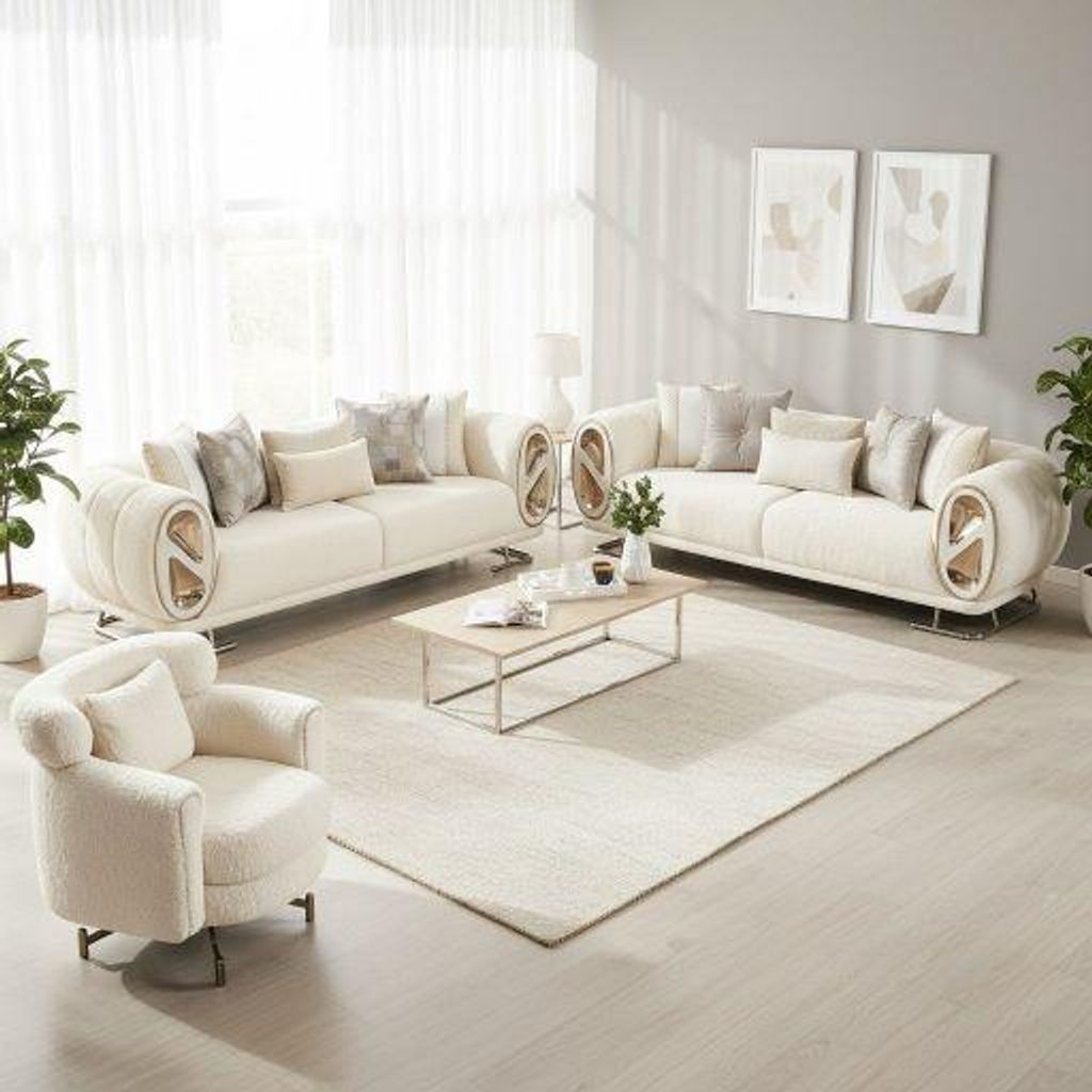 Sofa Set Big-Dubai Modernes 3-Sitzer + 3-Sitzer + Sessel aus Teddy-Stoff Spar-Set, 3-Sitzer + 3-Sitzer + Sessel Farbe: Teddystoff Weiß